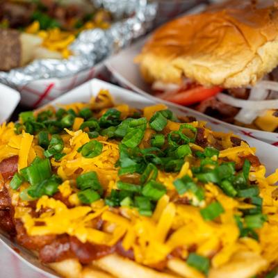 Food group, close up of chili cheese fries.