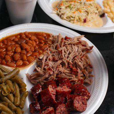 Pulled pork and links, served with green beans and ranch beans.