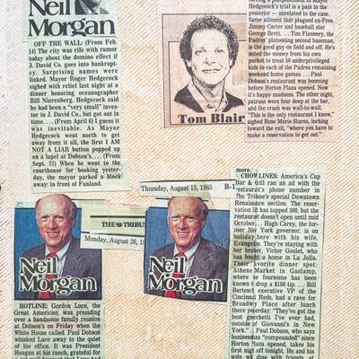 Old newspaper clippings with articles and headshots of Neil Morgan and Tom Blair
