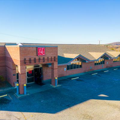 Aerial view of the restaurant building.