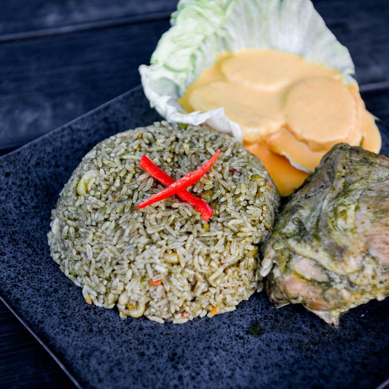 Arroz con Pollo con Papa a La Huancaina photo