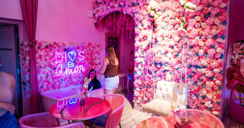 Pink interior, floral decorations