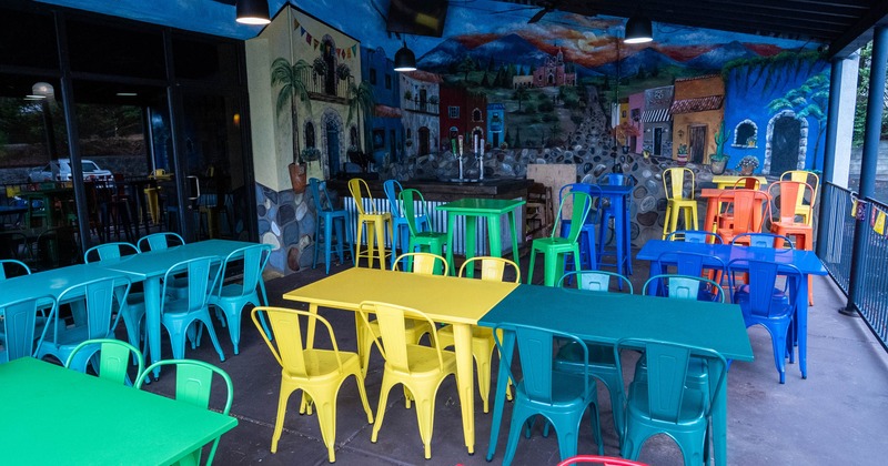 Colorful exterior seating area