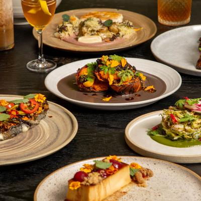 Variety of dishes served on the table.
