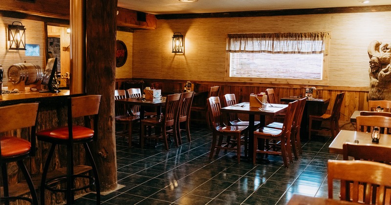 Restaurant interior, dining area and bar area