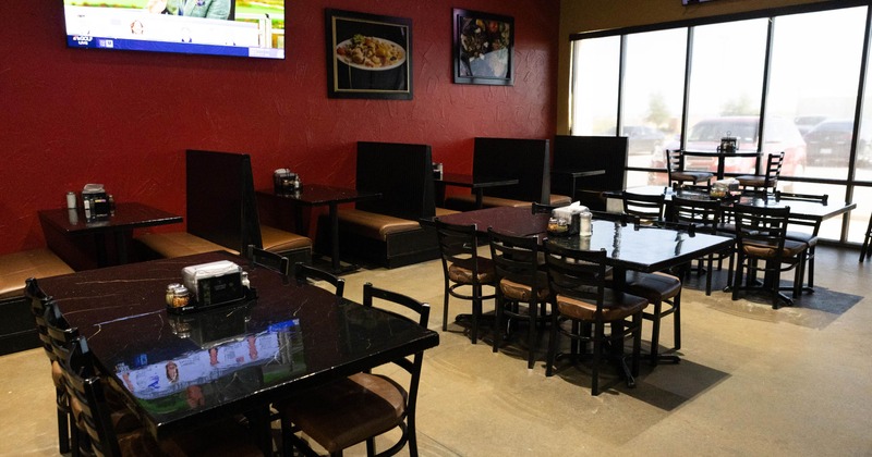 Interior, seating tables and restaurant booths