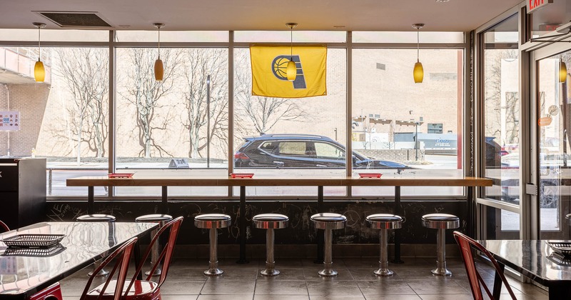 Interior, seating area in front of the windows