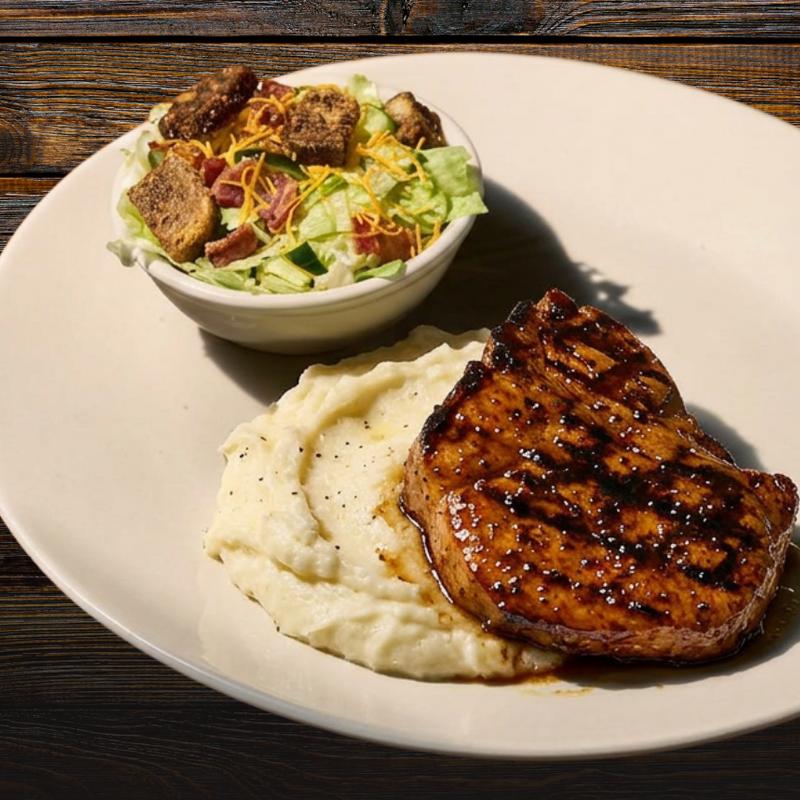 menu item 44 of 46, Pork Chop Dinner, Mashed Potatoes, Side Salad