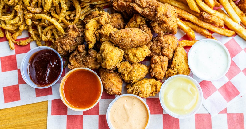 Shark bites with dips, top view