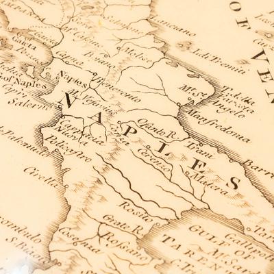 Close-up of a retro map featuring Naples and its surrounding areas in Italy.