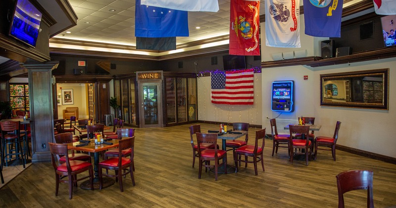 Interior, view of seating area, jukebox, wine room, humidor