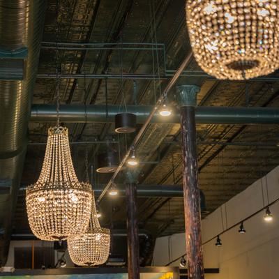 Chandeliers on the ceiling.