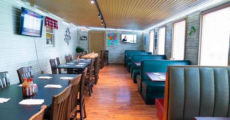 Interior, restaurant booths and chairs and tables