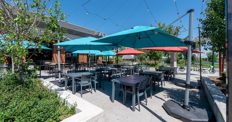 Outside seating area with parasols, tables and chairs
