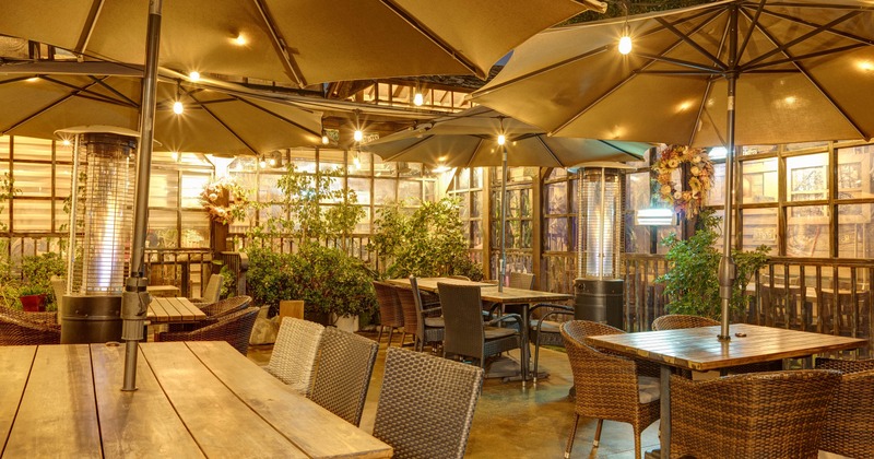Exterior, partially covered seating area, tables and chairs under parasols, lavish plant decoration