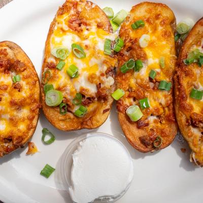 Idaho stuffed potato skins, top view