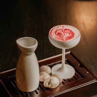 Piedra with vegan Pechuga mezcal, sake, Aperol, lemon, hibiscus syrup, and hibiscus tea.