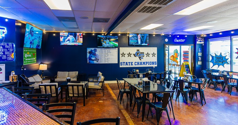 Interior, diner area, tables and chairs