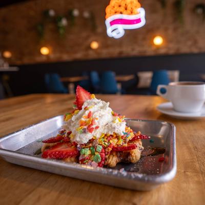 Queen City Sparkle waffle served on a tray.