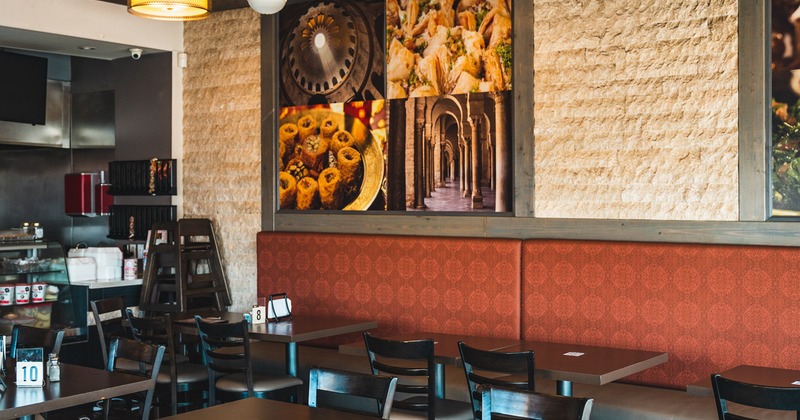 Interior, diner area, tables, chairs, booths
