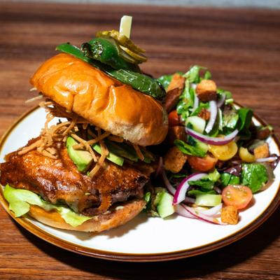 Baja Burger and side salad.
