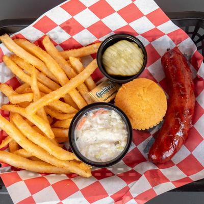 Sausage with fries and dips.