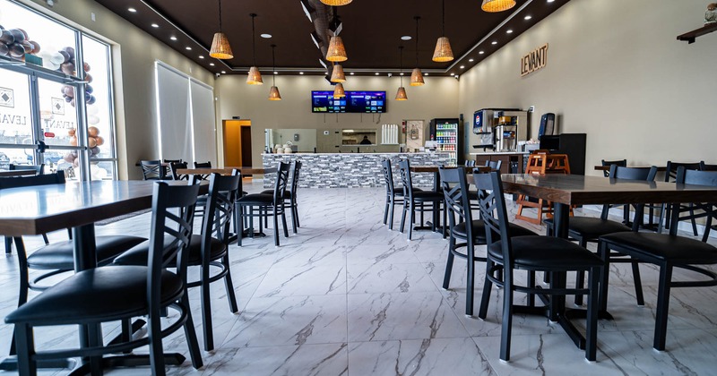 Interior, tables and chairs lined up