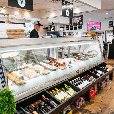 Display cases, bottles, food.