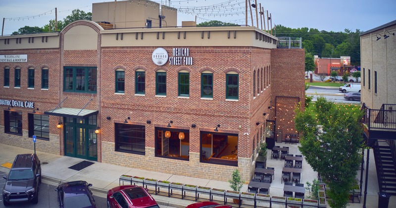 Exterior, restaurant, patio, parking lot, aerial view