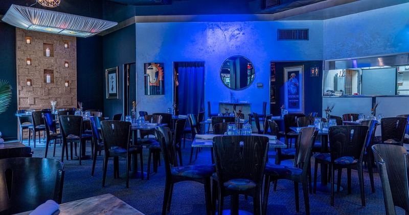 Interior, blue lit dining area