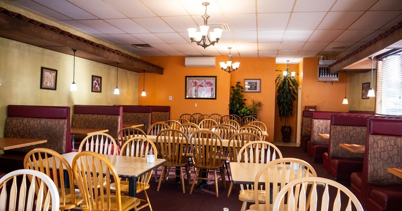 Interior, dining tables and chairs