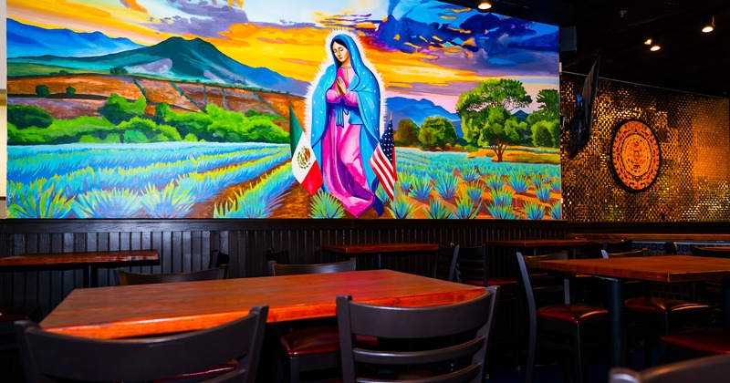 Interior, diner table, chairs, paint on the wall