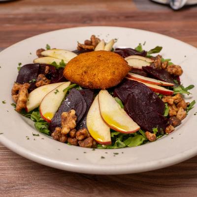Beet and apple salad with greens, walnuts, and fried goat cheese.