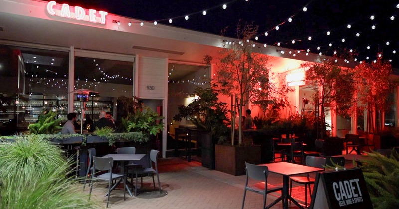 Outdoor patio seating at night