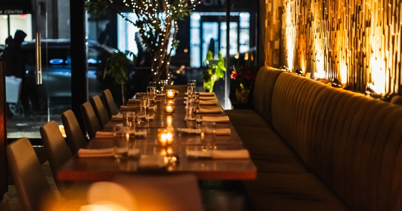 Diner table for 12 by the wall, side view