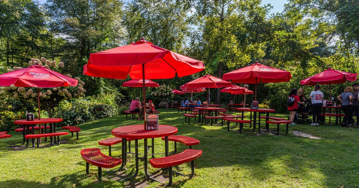 Outdoor seating area with tables, chairs, and patio umbrellas