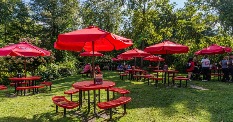 Outdoor seating area with tables, chairs, and patio umbrellas