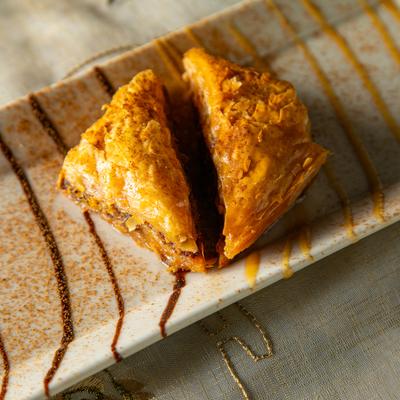 Two pieces of baklava served.