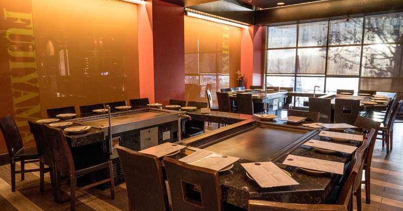 Diner table, food prepare spot, chairs around