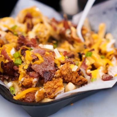 Loaded fries with chicken, cheese, and bacon.