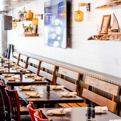 Set tables, decorations on the wall.