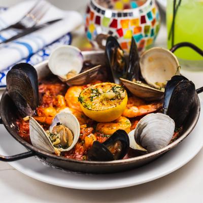 Seafood Spanish Paella, served.