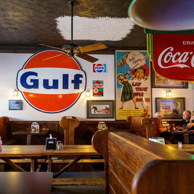 Interior with wooden furniture and vintage decor.