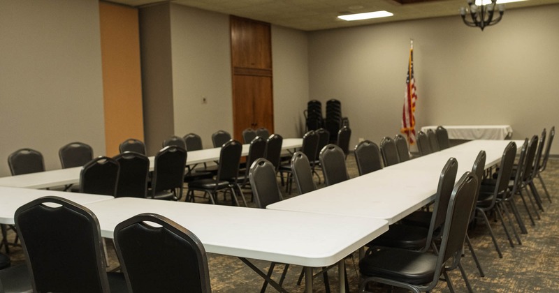 Interior, Sunflower room, square tables and chairs