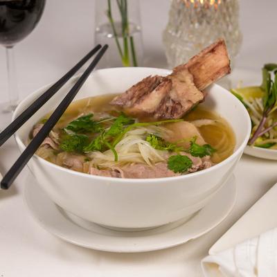 Pho Special with a filet mignon, beef brisket, and a rib bone.