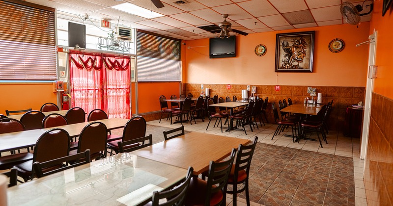 Interior space, dining area, lined up tables