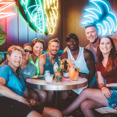 Guests in the seating area posing for a photo portrait