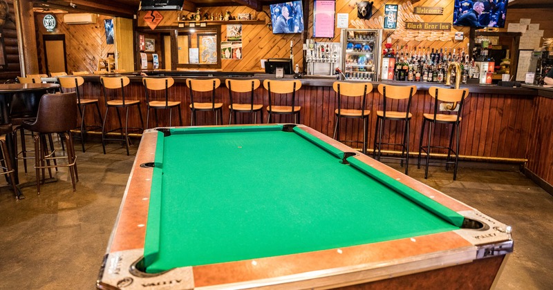 Interior, a pool table near a bar