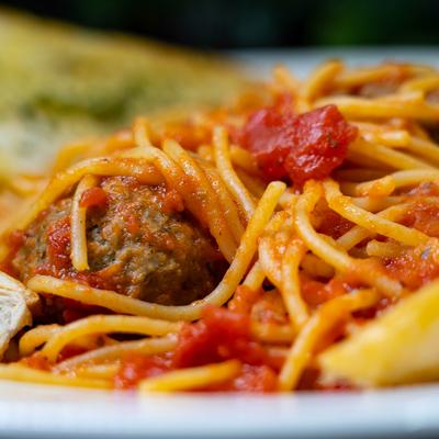 Spaghetti and Meatballs, close-up.