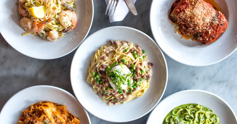 Assorted pasta dishes served, top view